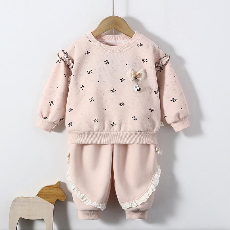 キッズ 女の子 ベビー スウェット セットアップ 長袖 プルオーバー 長ズボン リボン 花柄 プリント 綿 ソフト 心地良い 韓国風 春秋 2点セット ピンク グリーン