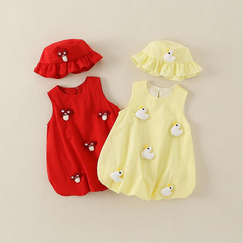 ベビー 女の子 新生児 ロンパース ワンピース 綿100% 薄手 ノースリーブ かわいい 夏服 スイートデザイン ティアードフリル アニマル柄