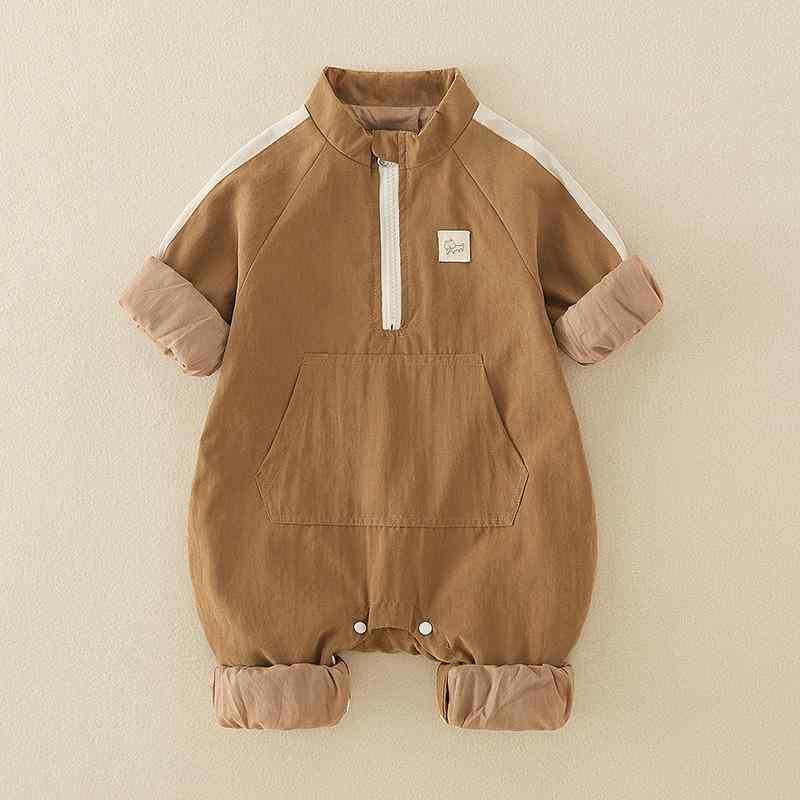 ロンパース 男の子 ベビー 新生児 0-18ヶ月 春秋 ポリエステル 長袖 二重仕立て カバーオール お出かけ 普段使い カジュアル A類基準 茶色 ベージュ