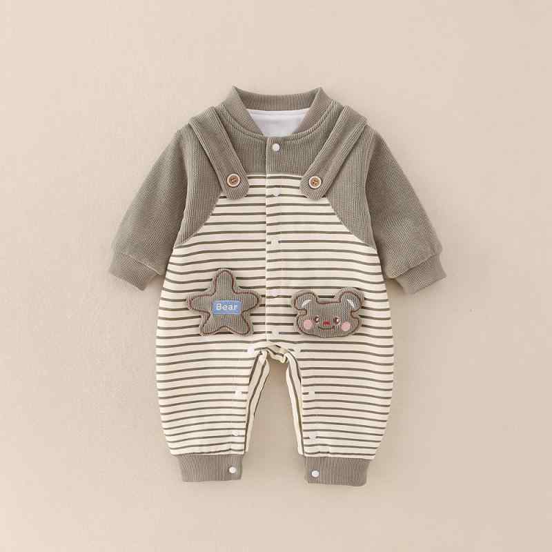 ロンパース 新生児 ベビー 男の子 女の子 男女兼用 綿素材 ストライプ柄 キャラクタープリント かわいい 長袖 オールシーズン 前開き 無縫製 カバーオール ルームウェア パジャマ