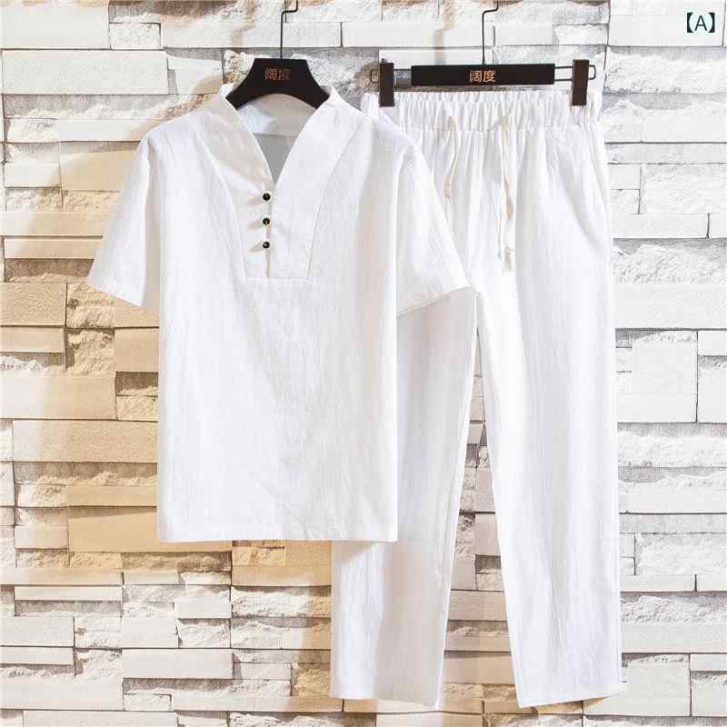 セットアップ メンズ チャイナ風 春夏 薄手 綿麻 リネン ゆったり ルーズフィット 半袖Tシャツ 九分丈パンツ カジュアル ツーピース おしゃれ