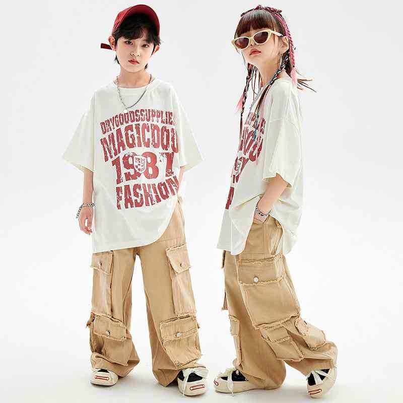キッズ ダンスウェア 男の子 女の子 ヒップホップ HIPHOP ストリートダンス セットアップ ゆったり ルーズ カーゴパンツ 綿 発表会 ステージ衣装 練習着
