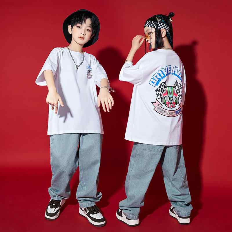 キッズ 男の子 女の子 ヒップホップ ストリート ダンスウェア セットアップ Tシャツ デニムパンツ 上下セット ゆったり ルーズフィット クール カジュアル ステージ 発表会 練習着 コットン 通年
