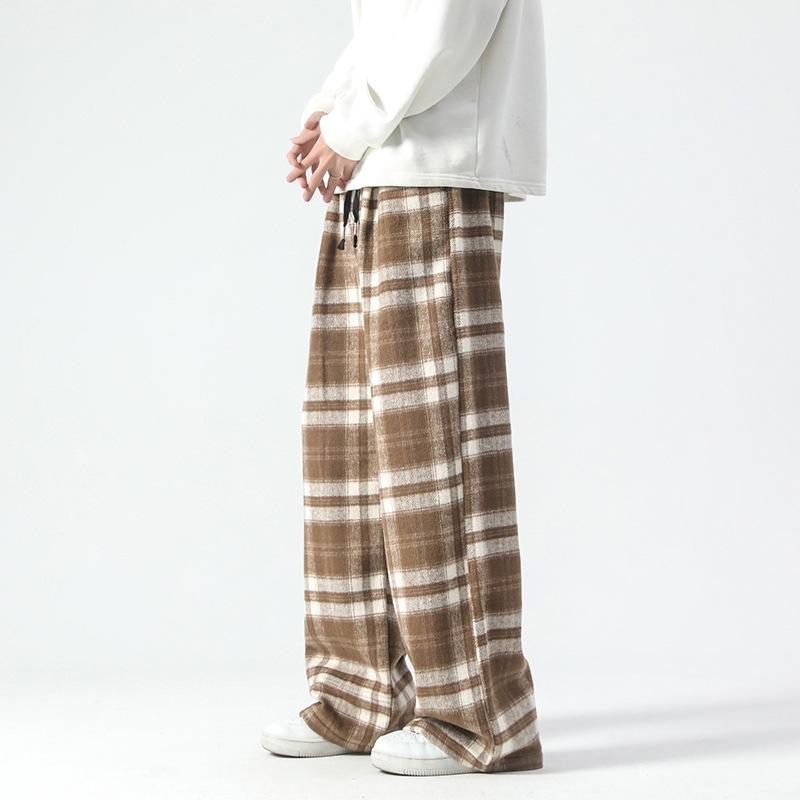 パンツ メンズ 秋冬 裏起毛 カジュアル チェック柄 ワイドパンツ 丈長 フルレングス ウール調 綿混 暖か 防寒 普段使い ルームウェア アボカドグリーン ライトブラウン モノトーン