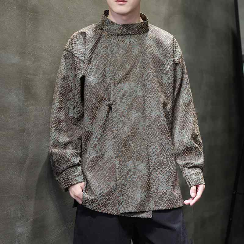 シャツ メンズ 長袖 ラウンドネック パイソン柄 ジャカード モダンチャイナ風 盤ボタン アウター ゆったり ビッグシルエット シェニール カジュアル 秋冬 ブラック グリーン系