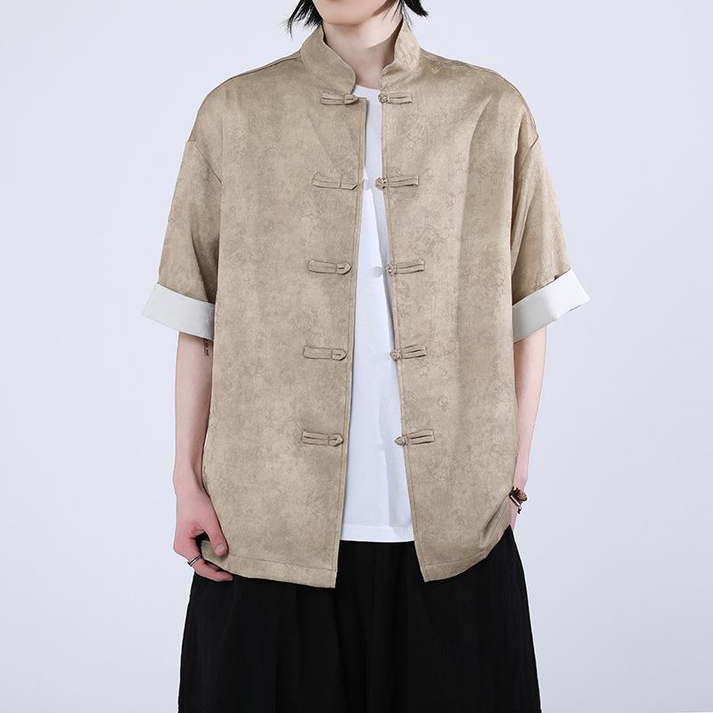 シャツ メンズ 新中式 半袖 チャイナボタン レトロ スタンドカラー ゆったり 型押し リネン 麻 カジュアル ファッション アーバン 夏 イージーケア 墨緑 シャンパン ピンク