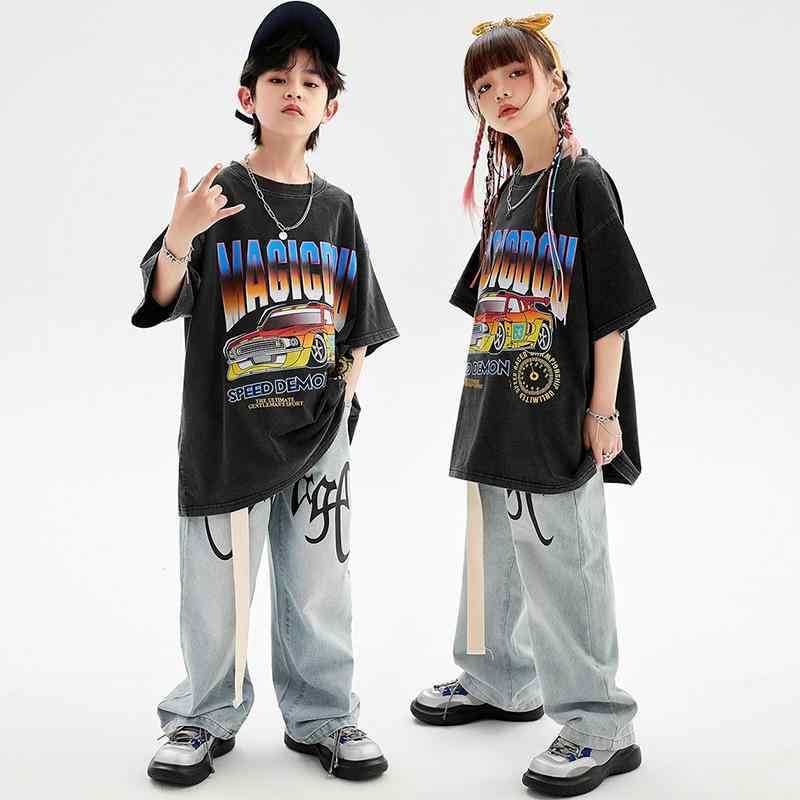 ダンスウェア キッズ 男の子 女の子 ヒップホップ ストリートダンス ゆったり ルーズ アルファベット レタリング デニム ジーンズ 長ズボン 綿 コットン 衣装 パフォーマンスウェア 春夏 セットアップ 上下セット