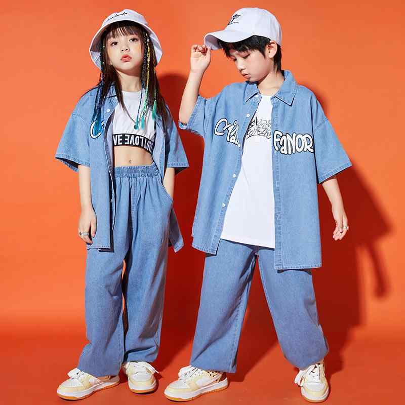 ダンス衣装 キッズ 男の子 女の子 ヒップホップ ストリートダンス デニム セットアップ 春夏 コットン ゆったり ルーズ オーバーサイズ ワイドパンツ 発表会 舞台 レッスン着 イベント