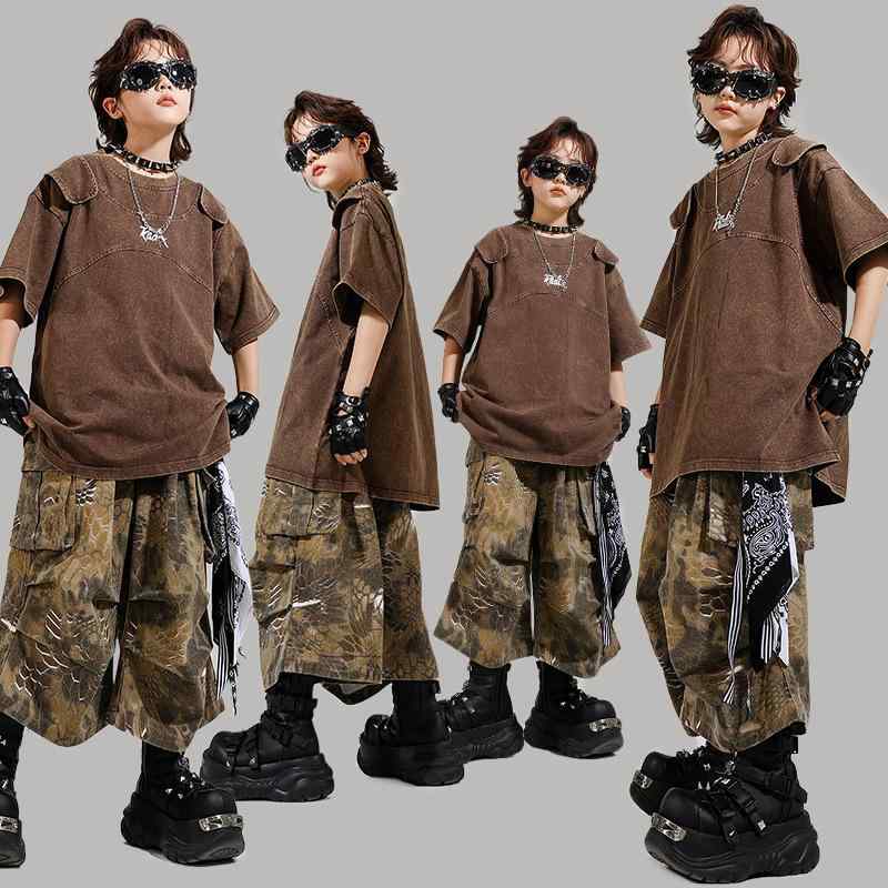 キッズ ジュニア 男の子 女の子 ダンスウェア ヒップホップ ストリート ブレイキング 半袖 セットアップ ゆったり ルーズフィット 綿 コットン レトロ クール 発表会 練習着 ダークブラウン