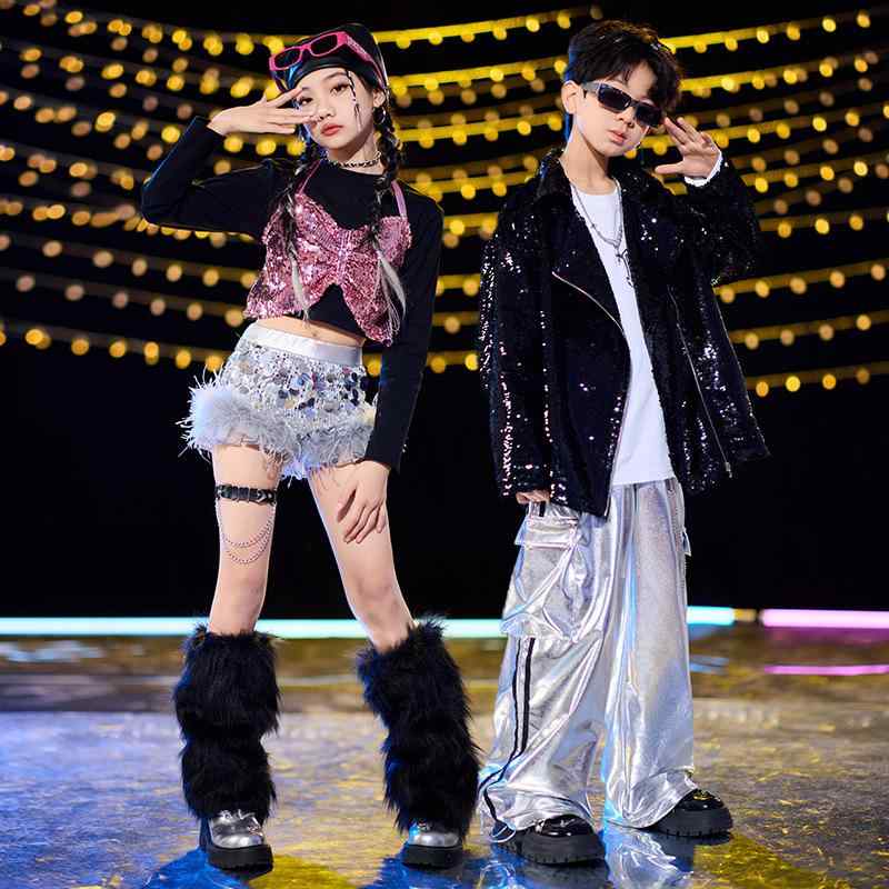 ダンス衣装 キッズ 男女兼用 ストリートダンス ヒップホップ ブラック スパンコール セットアップ 発表会 イベント ファッションショー ステージ衣装 ポリエステル