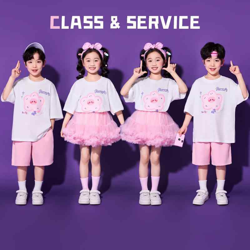 キッズ 女の子 ダンス衣装 小学生 半袖 トップス ピンク チュールスカート 発表会 運動会 チアガール ユニフォーム クラス衣装 綿 コットン 春夏 軽量 吸湿速乾 快適