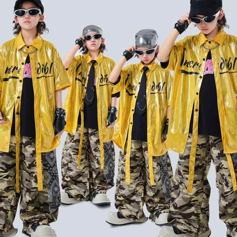 キッズ ダンスウェア 男の子 ヒップホップ ストリート系 衣装 半袖 2点セット 夏 発表会 レッスン着 イベント ステージ クール おしゃれ スタイリッシュ シャイニー半袖シャツ 迷彩パンツ セットアップ