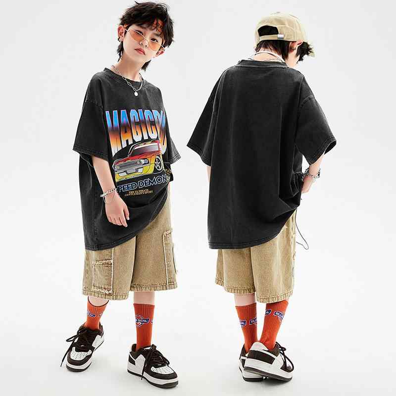 セットアップ キッズ 男女兼用 ヒップホップ ストリートダンス ダンス衣装 半袖 Tシャツ コットン ゆったり デニムショートパンツ カーキ ブラック アメリカンレトロ アメカジ 発表会 ステージ 練習着 カジュアル