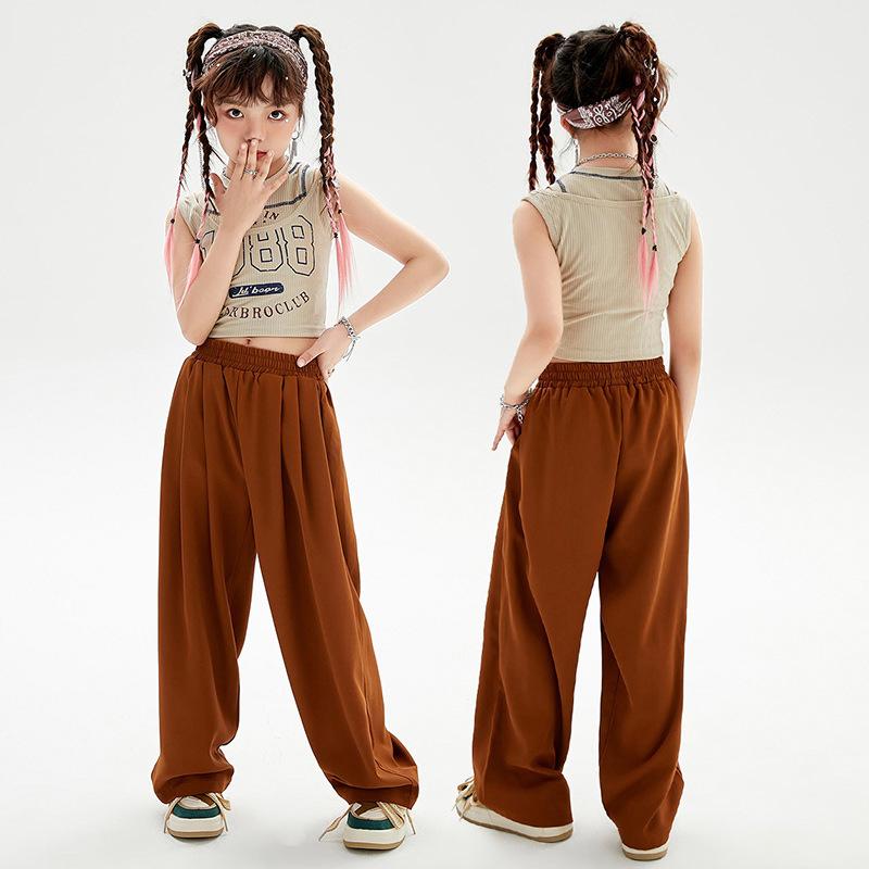ダンス衣装 キッズ 女の子 ヒップホップ ストリート ジャズ 練習着 綿 コットン パフォーマンス 舞台用 おしゃれ カジュアル ベージュ ブラウン ベスト ロングパンツ セットアップ 春夏