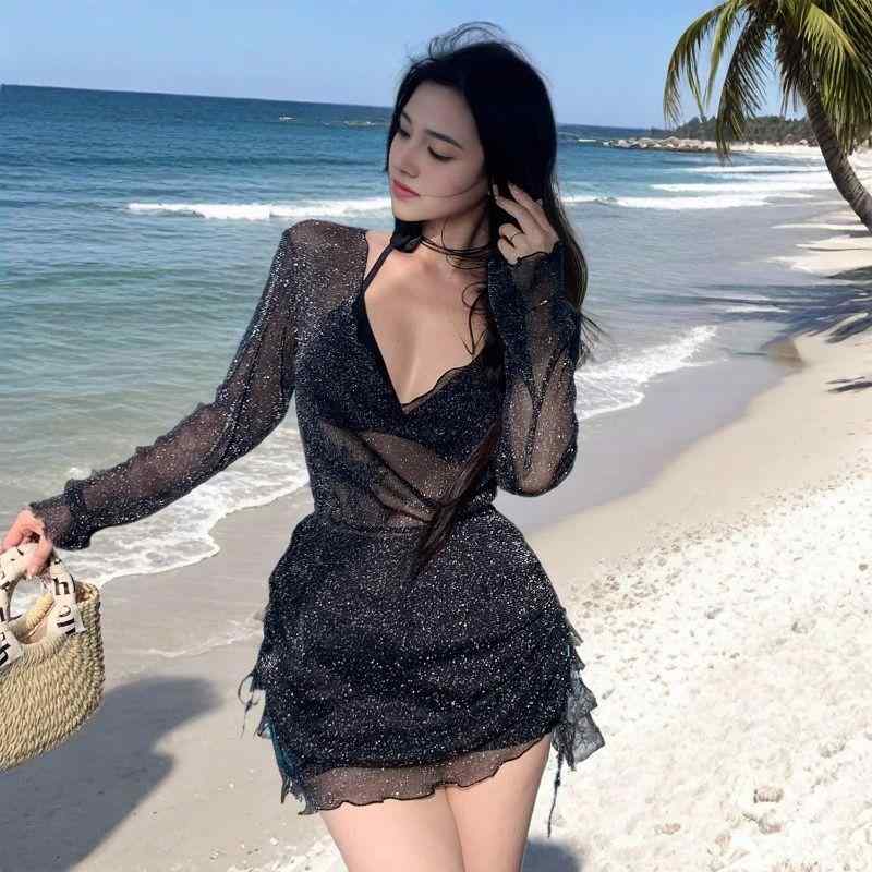水着 レディース 高級感 セクシー ビキニ セパレート 3点セット 長袖 カバーアップ ラッシュガード 羽織り 無地 ハイウエスト パッド付き ポリエステル リゾート ビーチ プール 海水浴 春夏