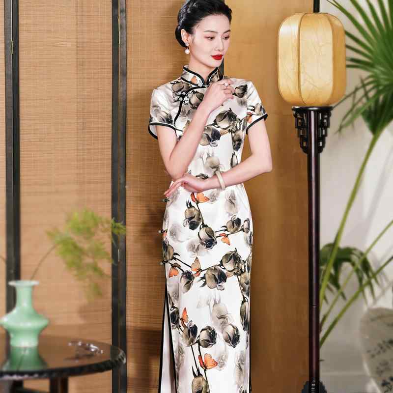 瀬戸もの御召しもの レディース 御膳上等感 手作り 桑地絹 春夏 普段使い走り 中国風 か細い相応う ロング丈 衣装 窈窕たる 照明ランプ色合い 七分袖 細長い切口 立体柄 通い