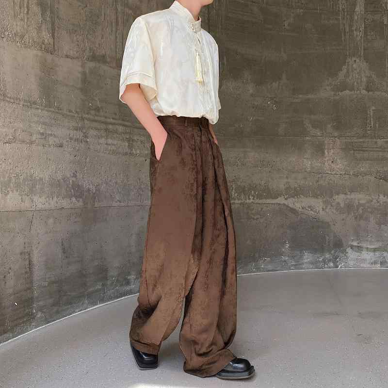メンズ カジュアルパンツ 男女兼用 ルーズフィット ワイドストレート 裏起毛 立体ジャカード織り 大きいサイズ 中華風 シンプル ノンストレッチ 秋冬 ブラウン ブラック