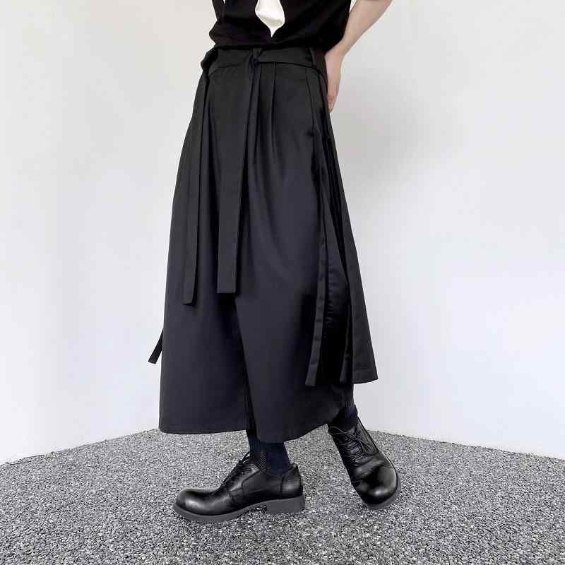 メンズ パンツ ユニセックス ダークモード リボンアクセント 7分丈 ワイドシルエット レイヤード カジュアルパンツ ブラック アクリル 秋冬 通勤 オフィス