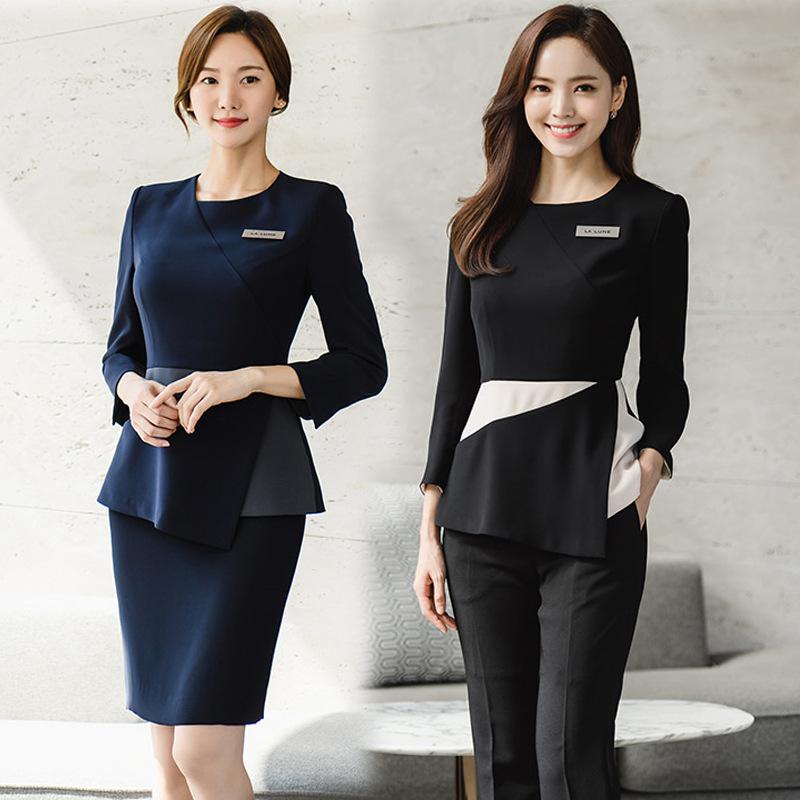 制服 レディース 韓国風 美容 エステ SPA 揉み療治 フットケア ひと休み 療法士 外科手術服 ネイリスト 刺青師 吸湿速乾 ポリエステル 黒 紺 ズボン下背広 スコート背広