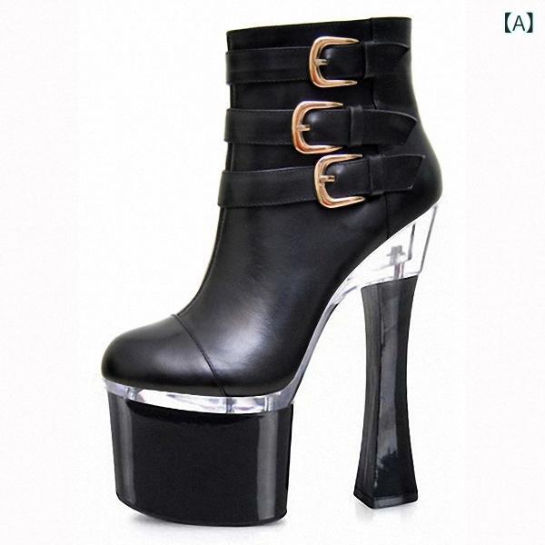 ショートブーツ レディース 超高ヒール 18cm 厚底 プラットフォーム ピンヒール セクシー ナイトクラブ ポールダンス 大きいサイズ 合成皮革 マット ブラック ベルトバックル サイドジッパー ラウンドトゥ 秋冬｜花りぼん