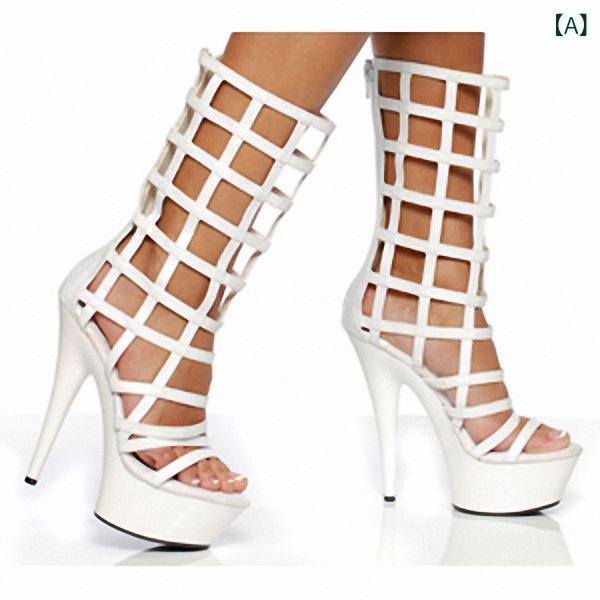 ショートブーツ レディース 女性用 15cm 超ハイヒール ピンヒール エナメル パンク ロックテイスト くり抜き メッシュ セクシー ナイトクラブ ポールダンス ステージ イベント 夜遊び ストーム ラウンドトゥ 厚底 ブラック ホワイト レッド
