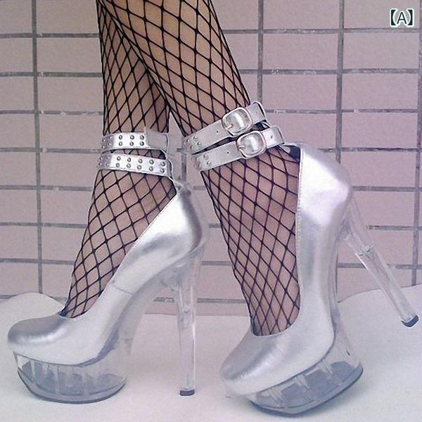 パンプス レディース リベット ベルトバックル クリスタル 15cm 超高ヒール プラットフォーム パンクロック 欧米 バイカー セクシー ナイトクラブ ファッション パーティー 細ヒール ラウンドトゥ 合成皮革 シルバー