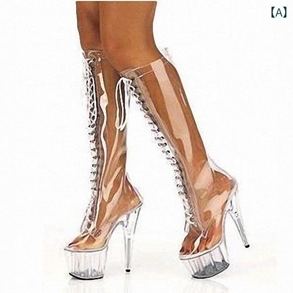 ブーツ レディース セクシー ポールダンス 超ハイヒール 15cm ピンヒール 厚底 プラットフォーム ナイトクラブ クリア ニーハイ ロング 大きいサイズ PUレザー ラウンドトゥ 脚長効果 サイドジップ 秋冬春|花りぼん
