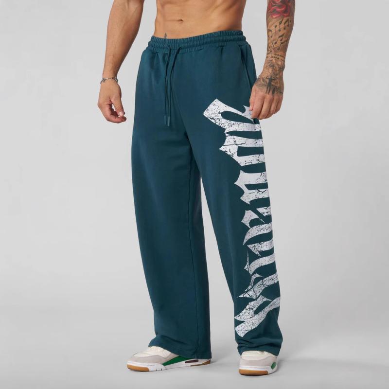 スポーツパンツ メンズ 男性 綿 伸縮性 ロングパンツ 長ズボン 筋トレ ジョギング ランニング フィットネス ワークアウト トレーニング カジュアル ストレート プリント ロゴ ミドルウエスト ドローストリング 春夏秋冬