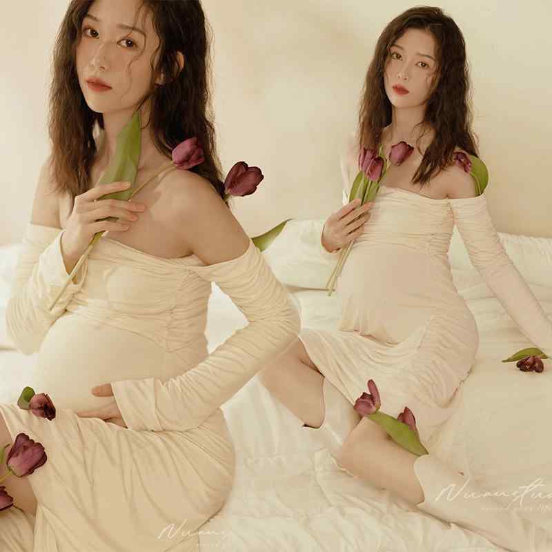 マタニティドレス 妊婦用 レトロ オフショルダー ベアトップ マタニティフォト スタジオ おうち ポリエステル繊維 ワンピース