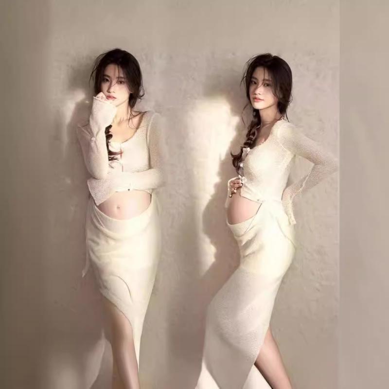 マタニティフォトドレス 妊婦 ママ向け スタジオ撮影 記念写真 韓国風 ロング丈 ノースリーブ ポリエステル