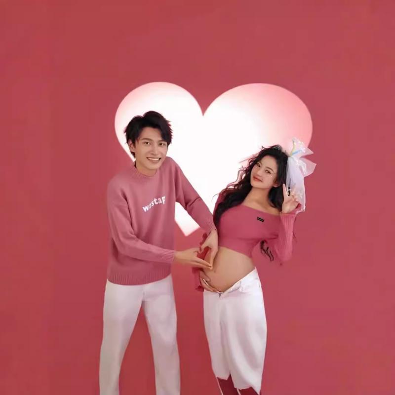 マタニティフォト 衣装 セットアップ カップル 夫婦 写真撮影用 おうちフォト 自宅撮影 ルームウェア スイート かわいい 清新 フェミニン ニット素材 長袖 ポリエステル ピンク 春夏