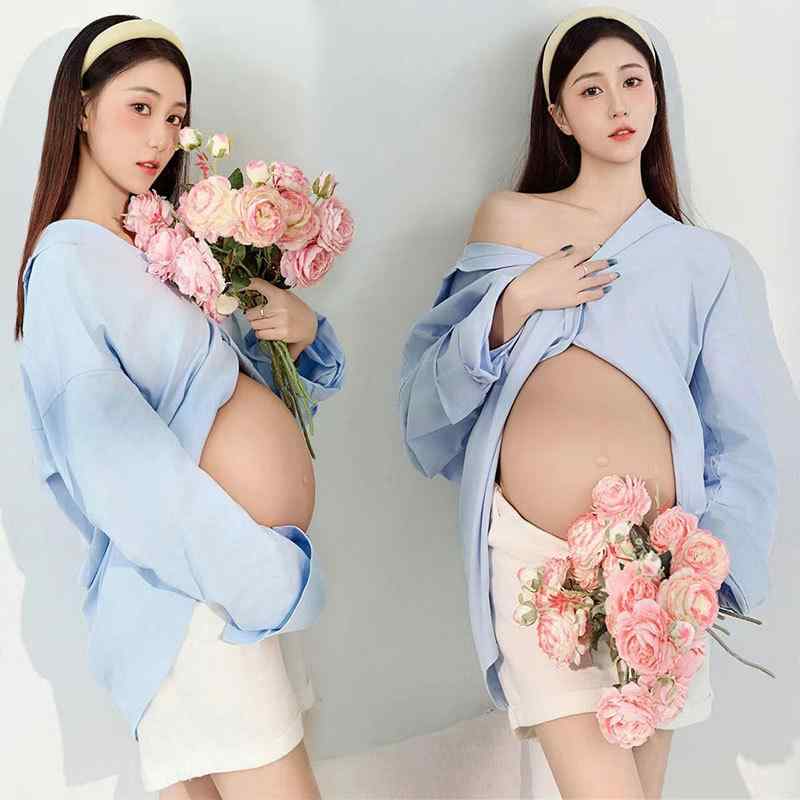 マタニティフォト 衣装 かわいい スウィート 長袖 トップス ショートパンツ セットアップ ガーリー 妊婦 撮影用 ポリエステル混紡 春夏