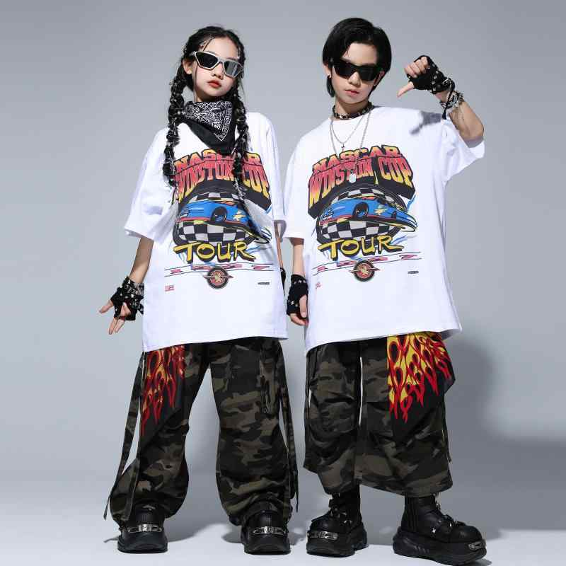 ダンス衣装 キッズ 男の子 女の子 ストリート ヒップホップ 発表会 ステージ ドラム演奏 パフォーマンスウェア 半袖トップス 長ズボン ハーフパンツ デニム 迷彩 ポリエステル おしゃれ クール 夏 カジュアル