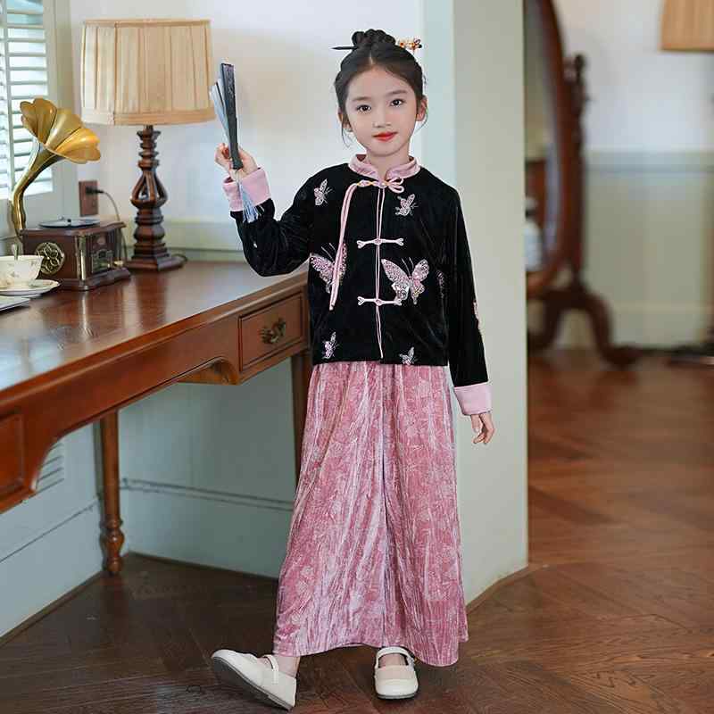 セットアップ キッズ うしろ帯 今めかしい 中華風 漢服風 唐装 元始的 2点仕掛ける 綿 綿織物 今めかしい 心地好い 普段使い走り お出かけ 告げ知らせる会 フォーマル 入園式 卒園式 秋冬