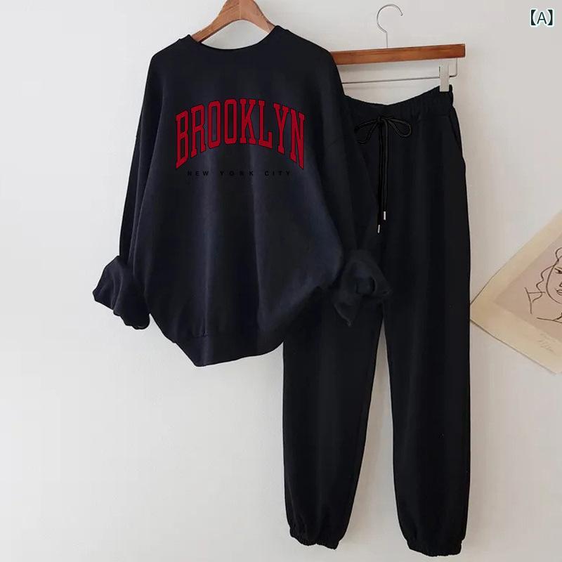 セットアップ レディース クルーネック スウェット ロングパンツ カジュアル スポーツ 小柄向け ゆったり コットン 綿 プリント ロゴ 3D立体柄 春秋 薄手 裏起毛