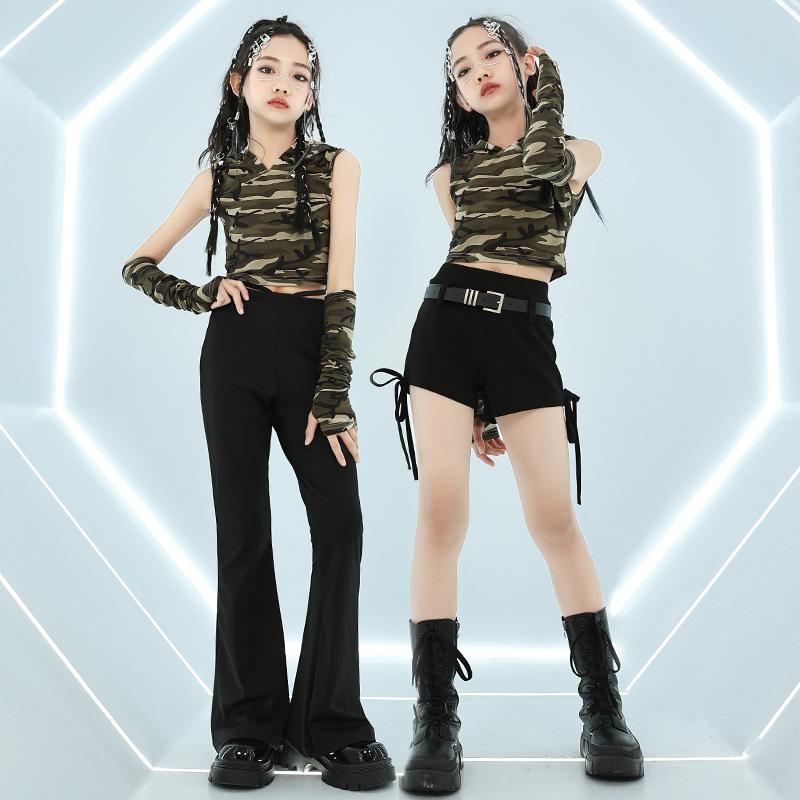 ダンス衣装 キッズ 女の子 セットアップ ストリートダンス ヒップホップ ジャズダンス 発表会 ステージ レッスン着 練習着 ポリエステル 伸縮性 吸湿速乾 通気性 迷彩柄 ブラック
