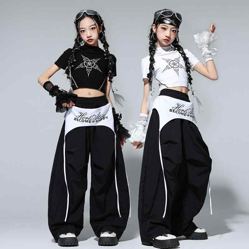 キッズ ダンス衣装 ガールズ ヒップホップ ジャズ ストリート ステージ 発表会 レッスン 上下セット ポリエステル パーカー パンツ ブラック ホワイト