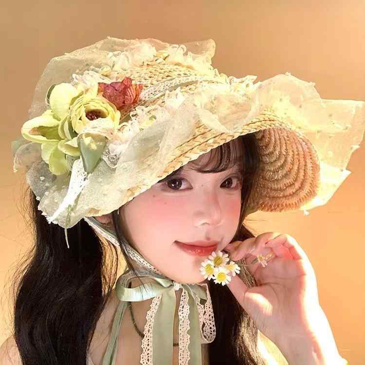 麦わら帽子 レディース ロリータ 田園風 ストローハット リボン 蝶結び 紐 丸型 小顔効果 春夏秋 日よけ 日焼け対策 防風 かわいい 甘い プリンセス リゾート お出かけ 多色 花飾り