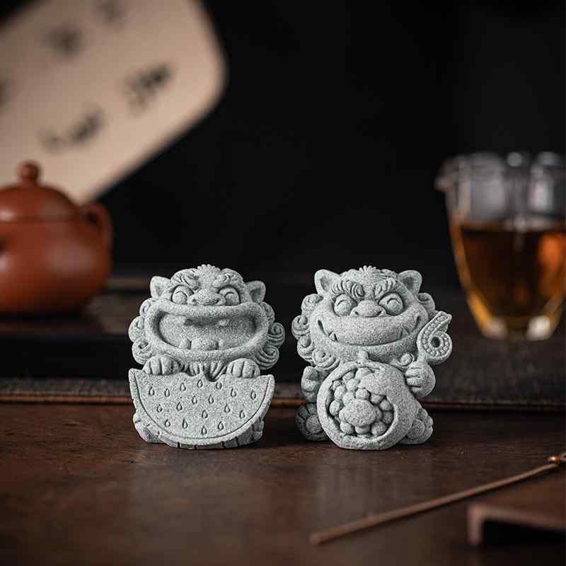 置物 シーサー スイカ ザクロ ペア 石材 オブジェ かわいい 癒やし ヒーリング 開運 縁起物 魔除け モダン インテリア デコレーション リビング 玄関 卓上 飾り