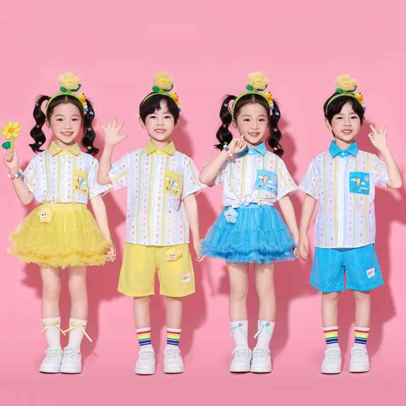 キッズ 男女兼用 子供 ダンス衣装 チアリーディング 発表会 運動会 学芸会 イベント コスチューム ユニフォーム 半袖シャツ ショートパンツ チュールスカート ふわふわ ポリエステル 軽量