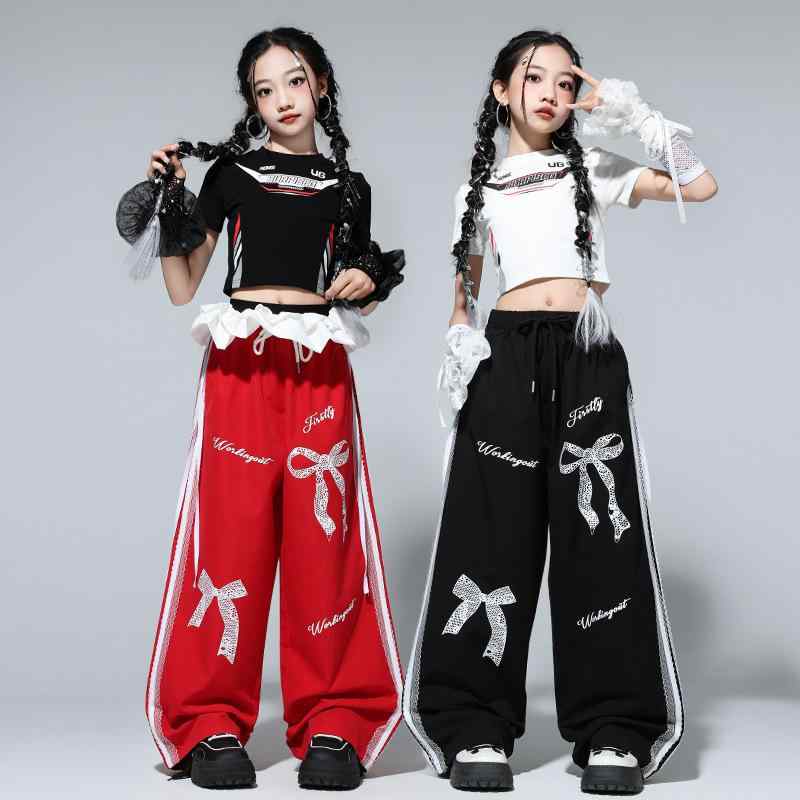 ダンス衣装 女の子 キッズ ガールズ ヒップホップ ストリート ジャズダンス 発表会 舞台 ステージ衣装 練習着 セットアップ ショート丈トップス ロングパンツ ポリエステル素材 夏物 黒 赤 白