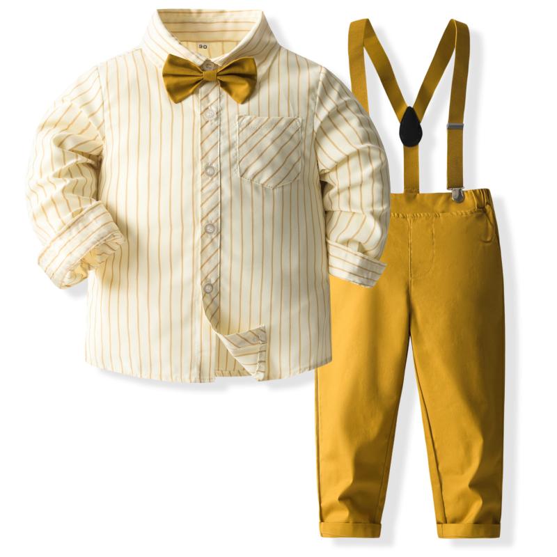 キッズ 男の子 フォーマルウェア セットアップ 長袖シャツ サロペットパンツ ストライプ柄 2点セット 紳士服 お呼ばれ 発表会 結婚式 七五三 入園式 卒園式 春 秋 イエロー
