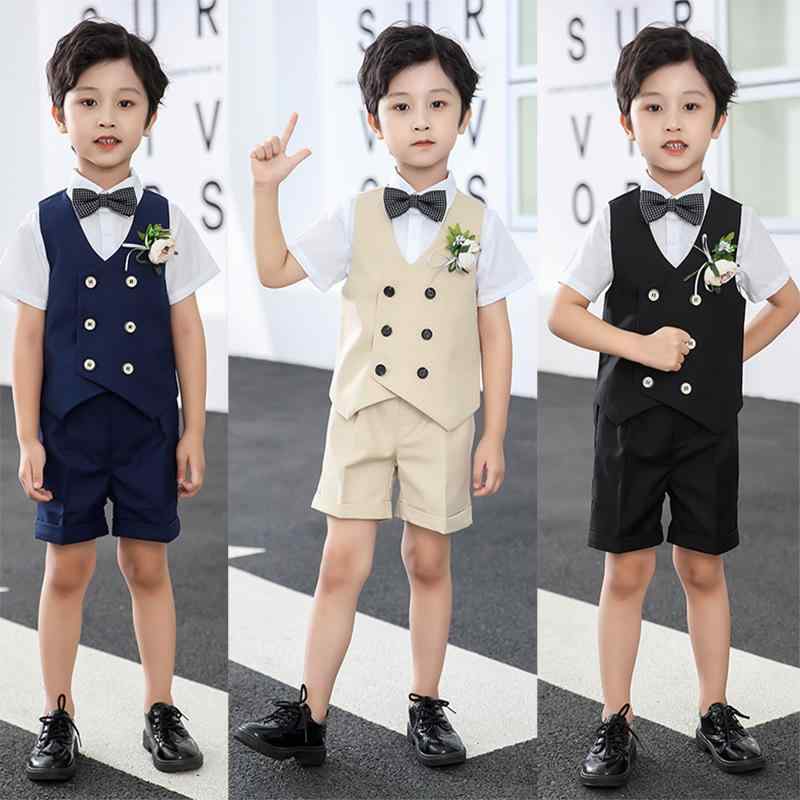 キッズ 男の子 半袖 ベストスーツ セットアップ フォーマル セレモニー 結婚式 発表会 誕生日 パーティー お祝い ブラック ネイビー カーキ 欧米風 ポリエステル 春夏