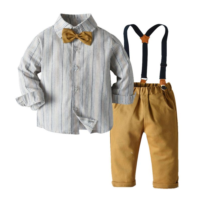 キッズ 男の子 子供服 フォーマル セットアップ ストライプ柄 長袖 シャツ 蝶ネクタイ サロペット オーバーオール 長ズボン 綿 コットン 春 秋 2点セット チョコレート色