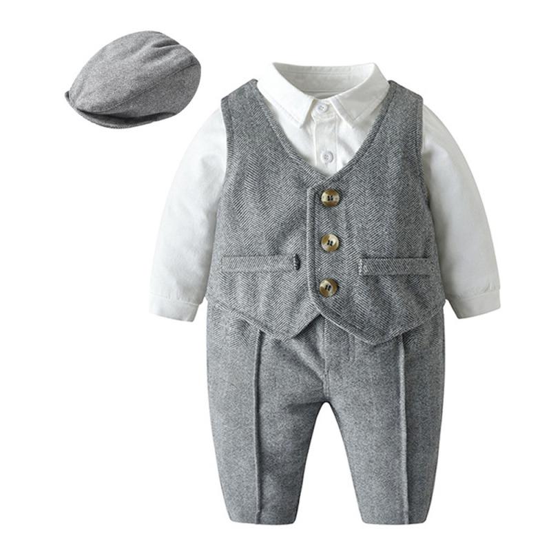 ベビー服 男の子 春秋 セットアップ 長袖 ロンパース 長ズボン 紳士風 フォーマル 1歳 誕生日 お祝い セレモニー お食い初め 結婚式 発表会 入園式 綿 グレー 3点セット 柔らかい