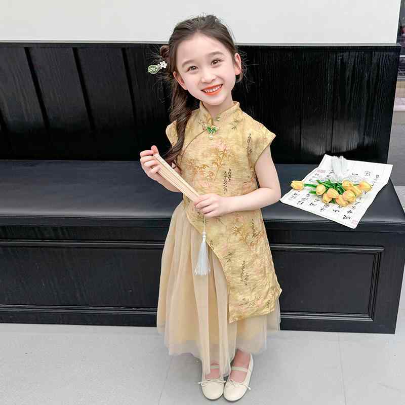 セットアップ 女の子 キッズ チャイナドレス風 漢服風 ツーピース スカート 中国風 中華風 春夏 薄手 ノースリーブ ポリエステル お出かけ かわいい 子供服