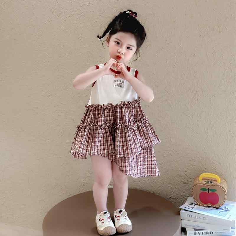 セットアップ キッズ 女の子 ノースリーブ Tシャツ フレアスカート ツーピース 春夏 綿 コットン カジュアル かわいい おしゃれ チェック柄 普段使い 通学