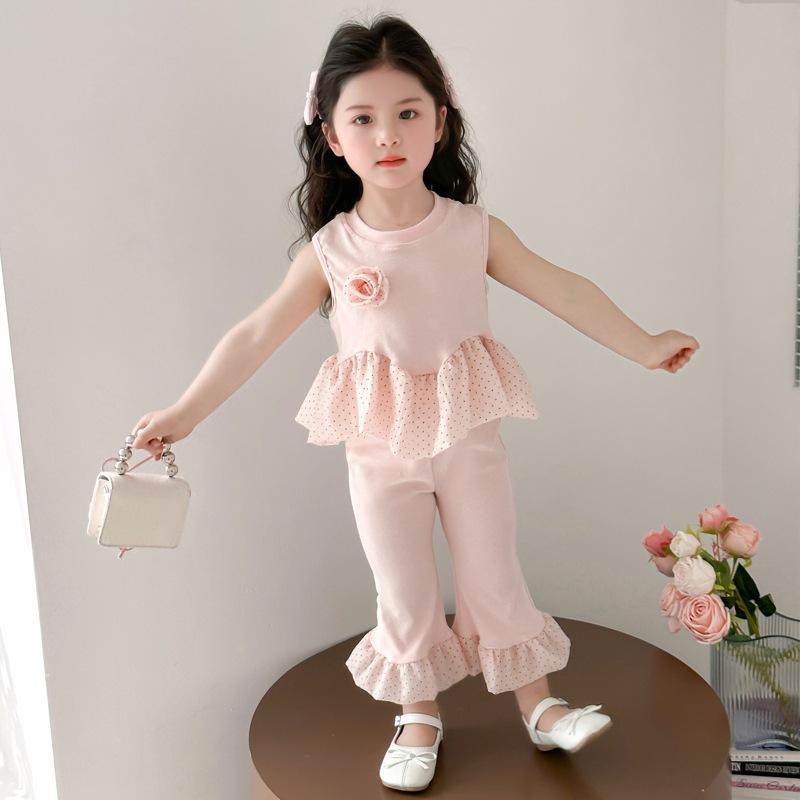 セットアップ 女の子 キッズ 子供服 ノースリーブ ベスト パンツ 綿 コットン 薄手 無地 ドット柄 春夏 かわいい おしゃれ ピンク ブルー