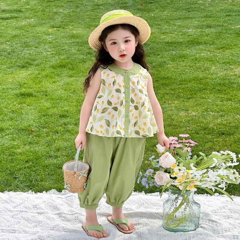 セットアップ キッズ 女の子 子供 春夏 ノースリーブ タンクトップ ロングパンツ 2点セット 韓国風 おしゃれ トレンド 花柄 綿 薄手 涼しい 柔らかい 普段使い お出かけ カジュアル 通園