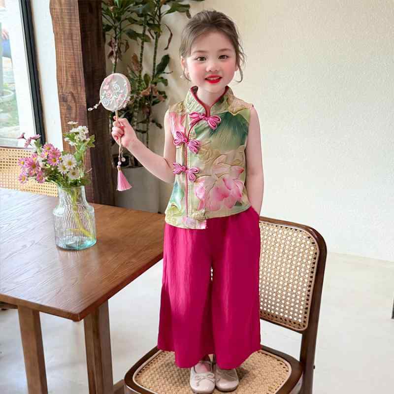 キッズ 女の子 ベビー 漢服 セットアップ 新中国風 古風 ロータス柄 ノースリーブ クロップドパンツ 薄手 綿混 夏 グリーン